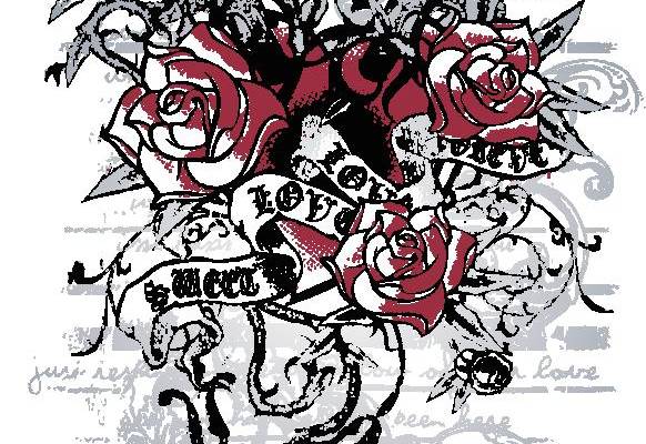 复古风格玫瑰与骷髅裁片印花服装印花设计