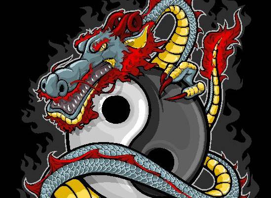 中国风双龙戏珠裁片印花服装印花设计