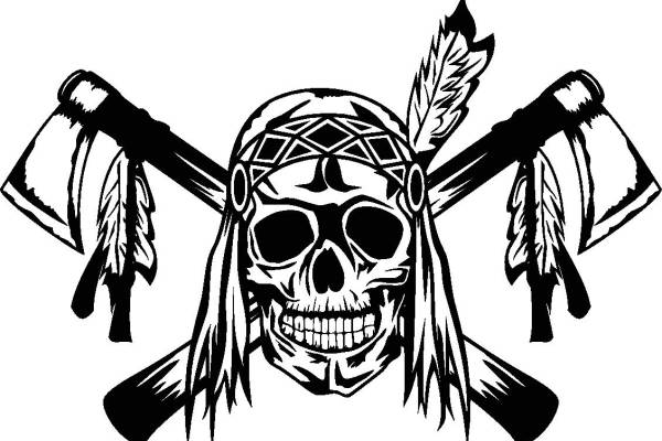 独特骷髅头与斧头交叉裁片印花服装印花设计