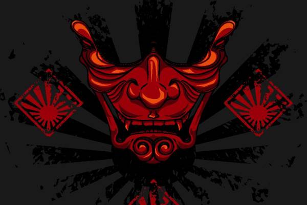 独特红色日式面具裁片印花服装,展现个性与传统的完美结合