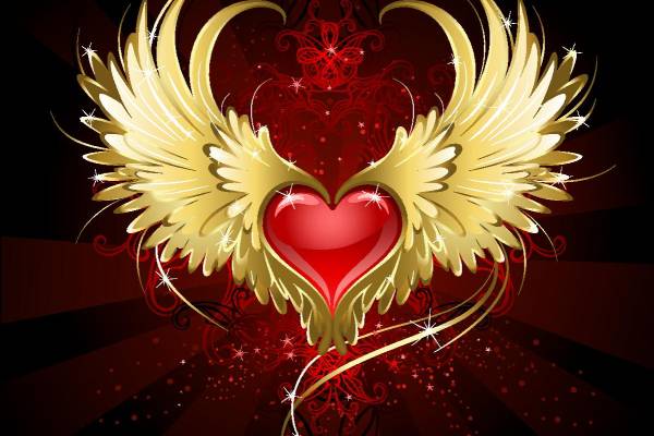 时尚服装裁片印花设计：金色翅膀与红色心形图案