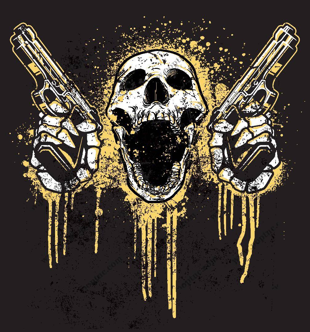 摇滚风格裁片印花服装:骷髅与双枪的叛逆设计