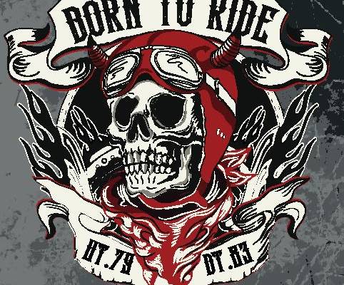 摇滚风格裁片印花服装：骷髅头与火焰图案设计