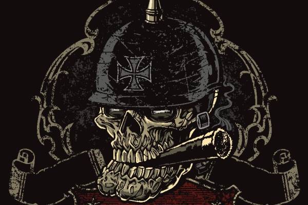 复古军事风格裁片印花服装,独特骷髅头与军帽设计