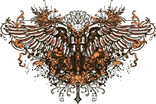 复古风格翅膀与剑裁片印花服装印花设计