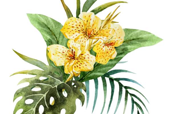 热带风情黄色百合裁片印花服装印花设计