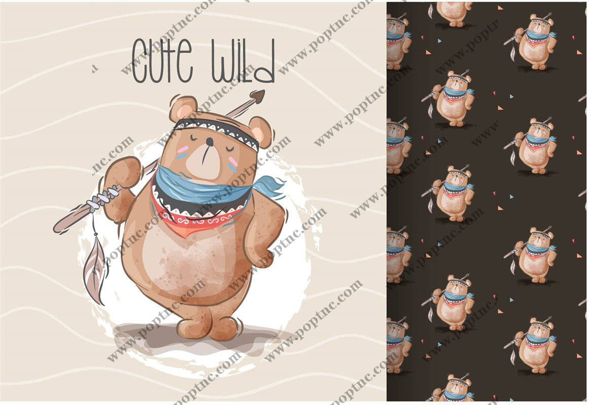 可爱野熊裁片印花服装图案设计