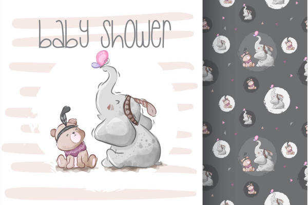 可爱卡通大象与小猪裁片印花儿童服装印花设计