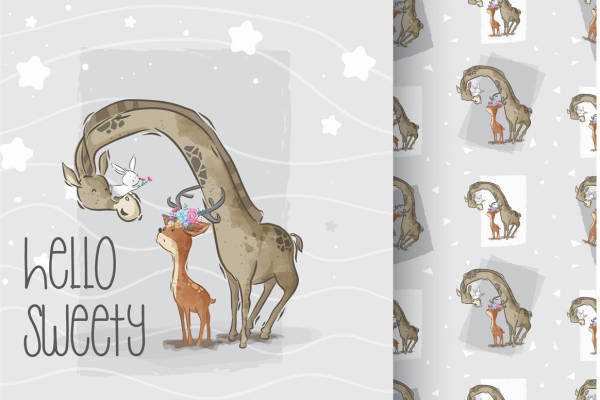 梦幻长颈鹿亲子裁片印花服装，甜美风格儿童服装印花设计