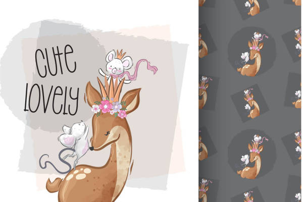 可爱卡通鹿与兔子裁片印花服装图案设计