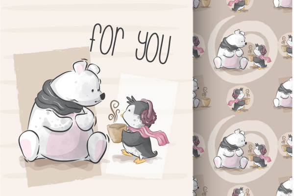 温馨可爱北极熊企鹅裁片印花服装印花设计