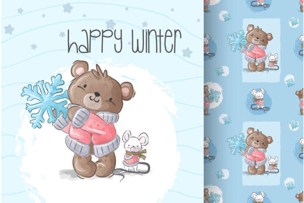 冬季可爱卡通熊裁片印花服装印花设计