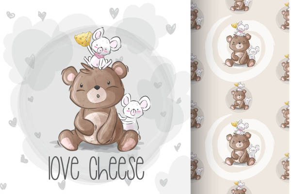 可爱卡通熊与兔子裁片印花服装印花设计