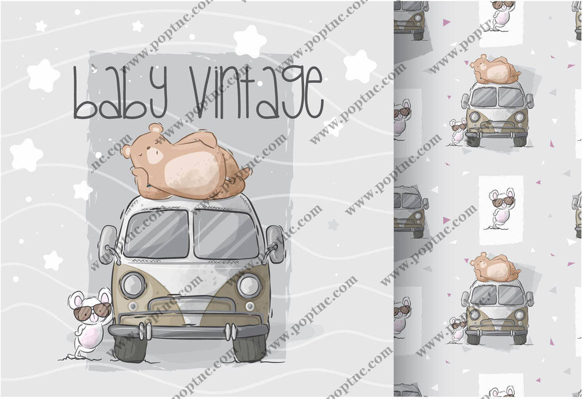 复古风格儿童服装印花设计:可爱动物与经典汽车裁片印花