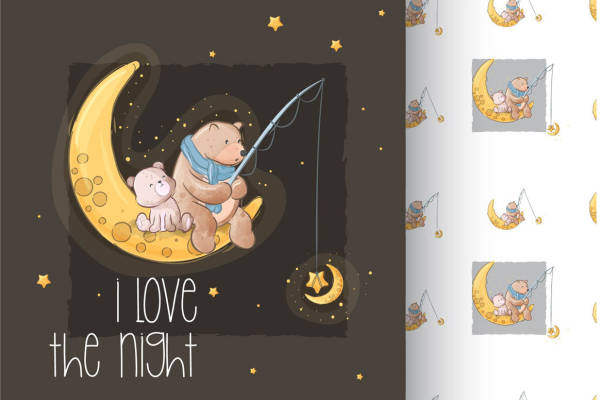 梦幻夜空裁片印花服装，可爱熊宝宝钓鱼图案服装印花