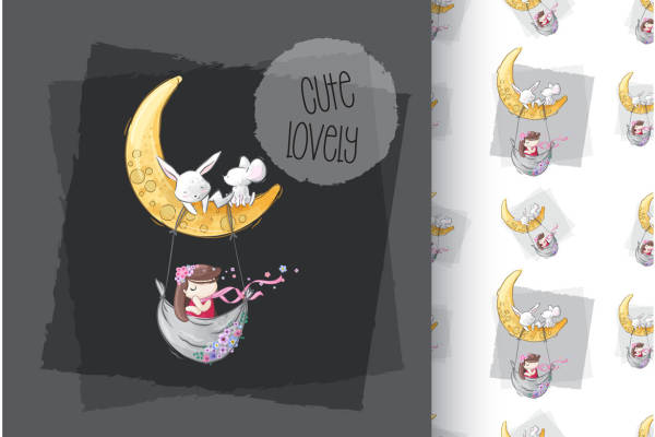 可爱梦幻月亮兔子裁片印花服装