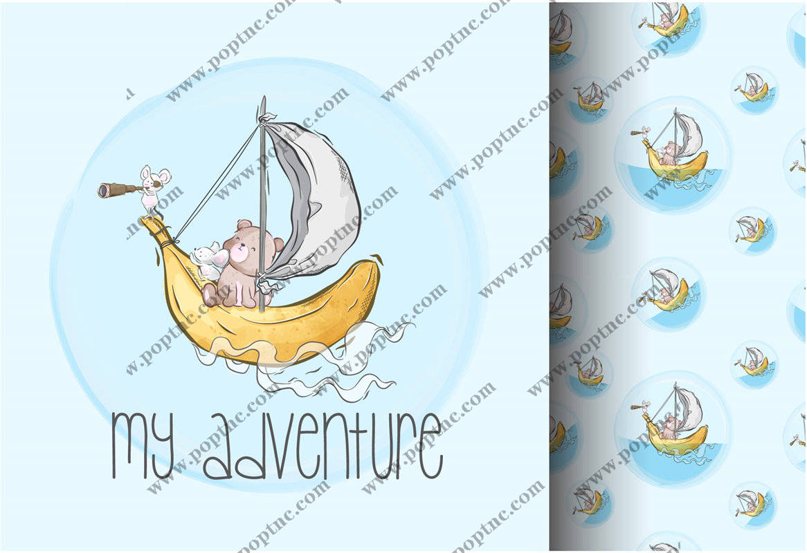 可爱卡通香蕉船裁片印花儿童服装印花设计