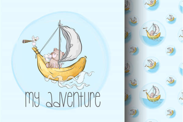 可爱卡通香蕉船裁片印花儿童服装印花设计