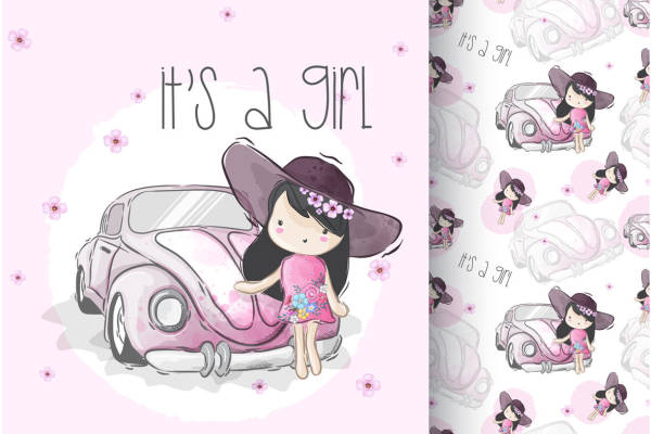 可爱女孩粉色汽车裁片印花服装印花设计