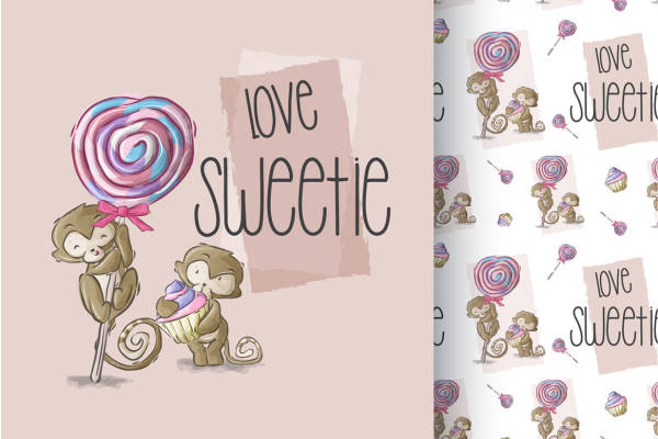 可爱猴子与棒棒糖裁片印花服装印花设计
