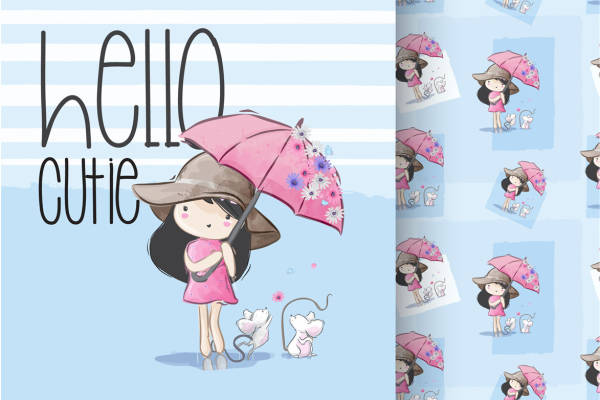 可爱卡通女孩粉色雨伞裁片印花服装印花设计