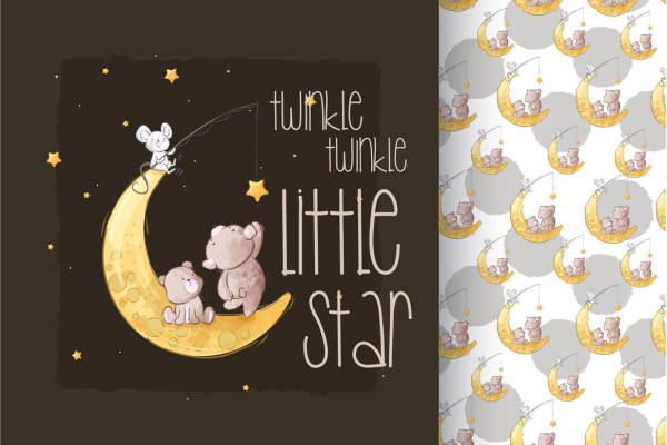 梦幻月亮小猪裁片印花服装 可爱星星图案服装印花设计