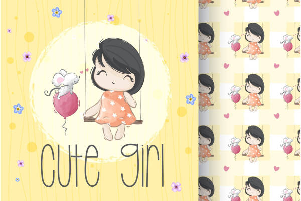 可爱女孩裁片印花服装印花设计，适合儿童的温馨风格
