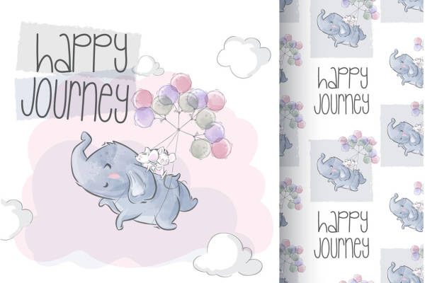 梦幻蓝色大象气球裁片印花儿童服装印花设计