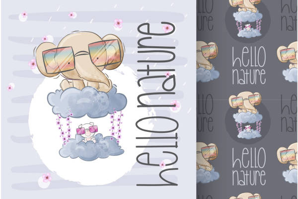 时尚自然风裁片印花服装 可爱卡通兔子与花朵图案