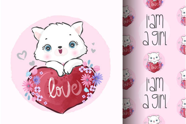 可爱卡通小狗裁片印花服装 粉色爱心花卉图案服装印花设计