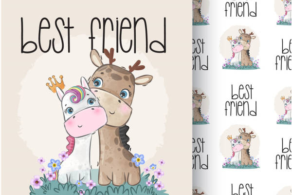 可爱卡通独角兽与长颈鹿裁片印花服装印花设计