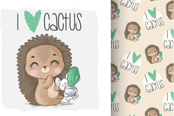 可爱卡通刺猬与仙人掌裁片印花服装印花设计