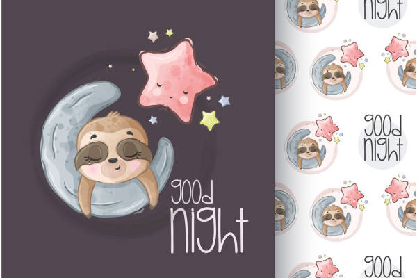 可爱卡通树懒裁片印花服装，温馨夜空主题儿童服装印花设计