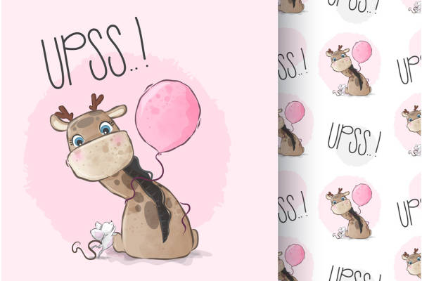 可爱卡通长颈鹿气球裁片印花服装印花设计