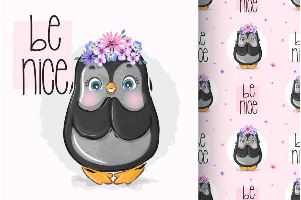 可爱企鹅头戴花环裁片印花服装印花设计
