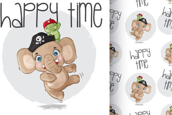 欢乐时光主题卡通大象裁片印花服装印花设计