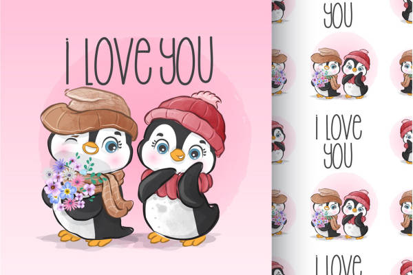 可爱企鹅情侣裁片印花服装 温馨浪漫爱情主题服装印花设计