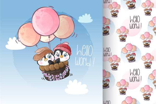 可爱卡通企鹅裁片印花服装 温馨问候语hello world!