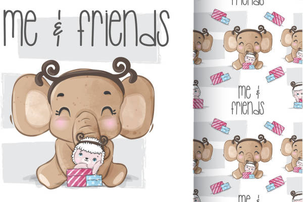 可爱卡通大象与小羊裁片印花服装印花设计