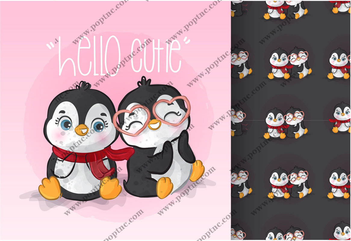可爱企鹅情侣裁片印花服装 温馨浪漫风格服装印花