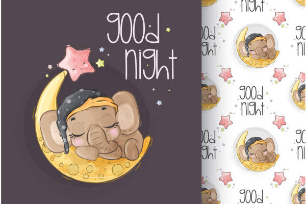 可爱小象月亮裁片印花服装 温馨晚安主题服装印花设计