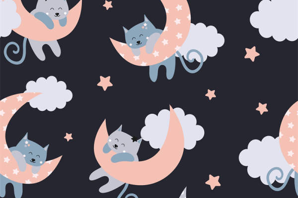 梦幻可爱猫咪月亮服装印花面料设计