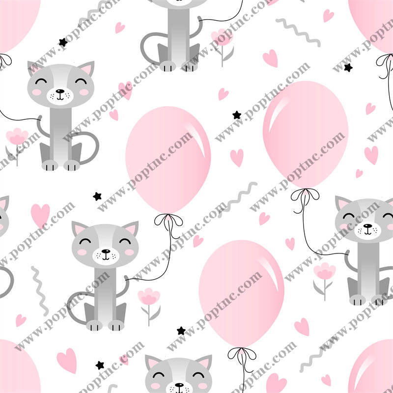 可爱猫咪与粉色气球服装印花面料设计