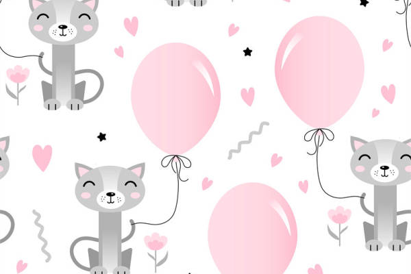 可爱猫咪与粉色气球服装印花面料设计