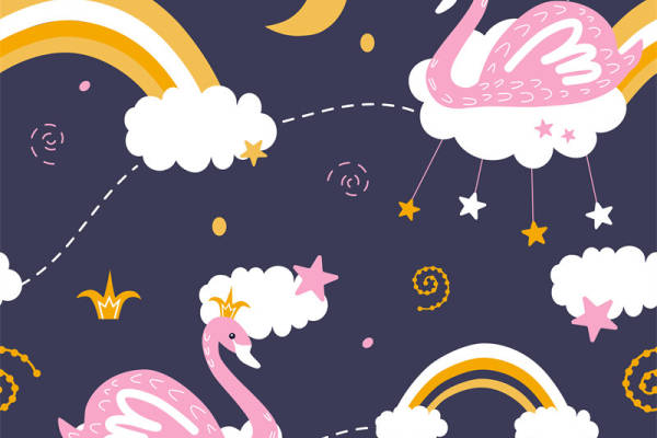 梦幻云朵天鹅服装印花面料 儿童时尚设计