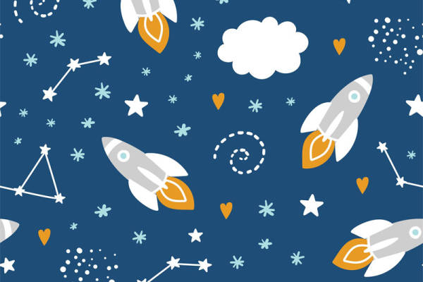 创意太空火箭服装印花面料设计，适合儿童和青少年