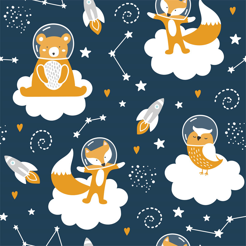 可爱卡通动物太空主题服装印花面料设计