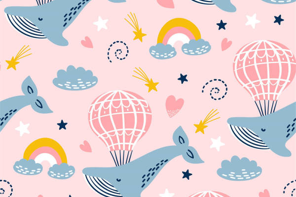 梦幻海洋风格面料印花，可爱鲸鱼热气球服装印花设计