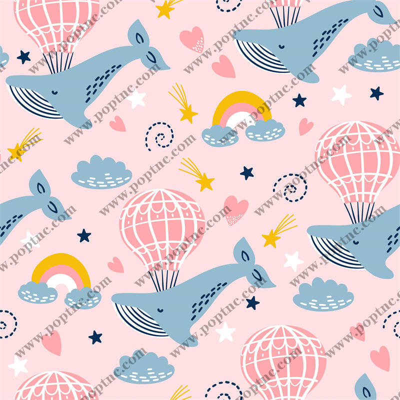 梦幻海洋风格面料印花,可爱鲸鱼热气球服装印花设计