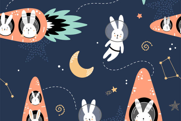 梦幻太空兔子服装印花面料设计，适合儿童和青少年